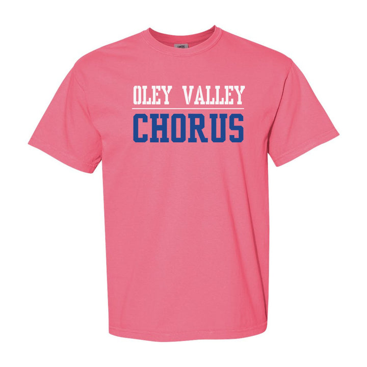 Oley Valley Lynx Sport or Activity comfort colors t-shirt in Crunchberry: OLEY VALLEY over a thin rule and CHORUS (your sport or activity) in block letters