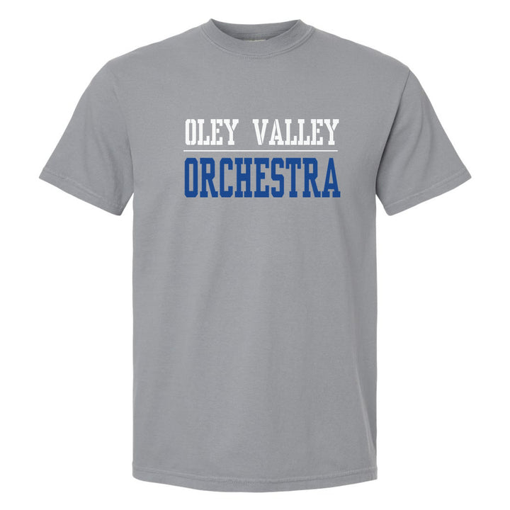 Oley Valley Lynx Sport or Activity comfort colors t-shirt in Granite: OLEY VALLEY over a thin rule and ORCHESTRA (your sport or activity) in block letters