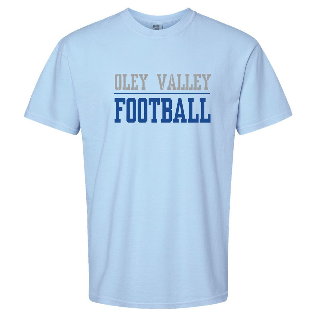 Oley Valley Lynx Sport or Activity comfort colors t-shirt in Hydrangea: OLEY VALLEY over a thin rule and FOOTBALL (your sport or activity) in block letters