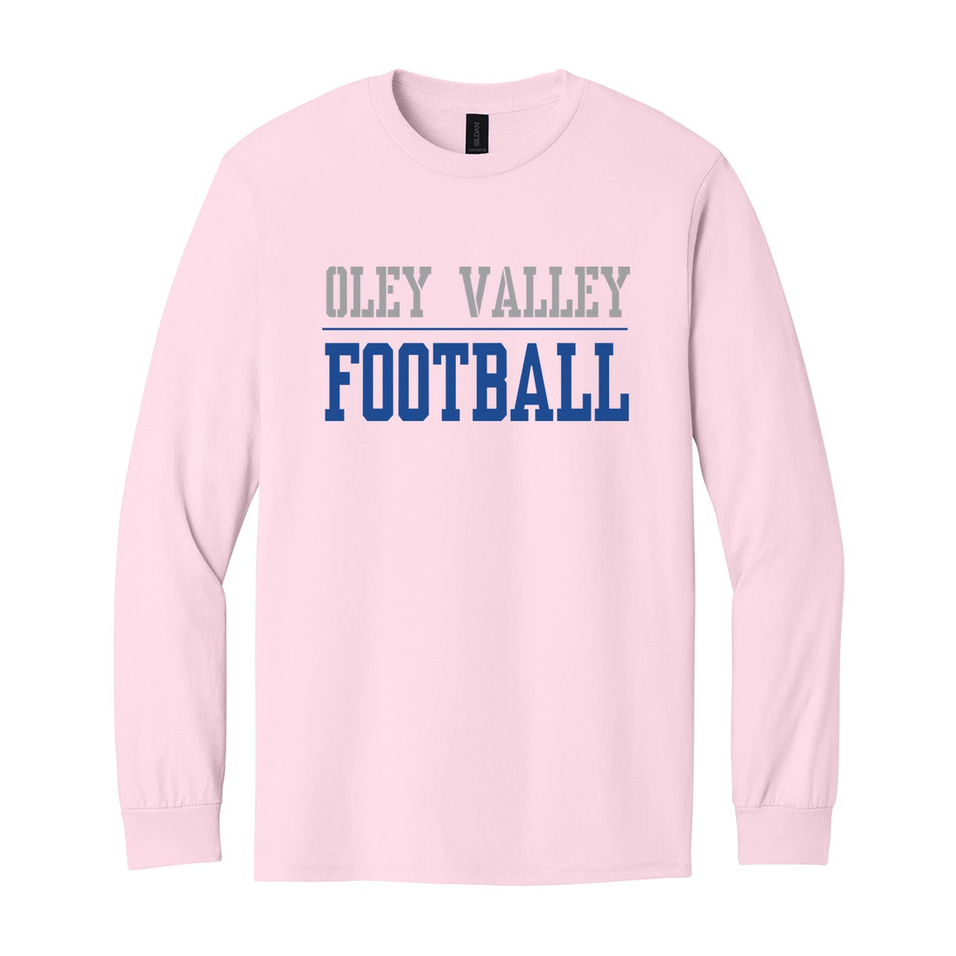 Oley Valley Lynx Sport or Activity long sleeve t-shirt in Light Pink: OLEY VALLEY over a thin rule and FOOTBALL (your sport or activity) in block letters