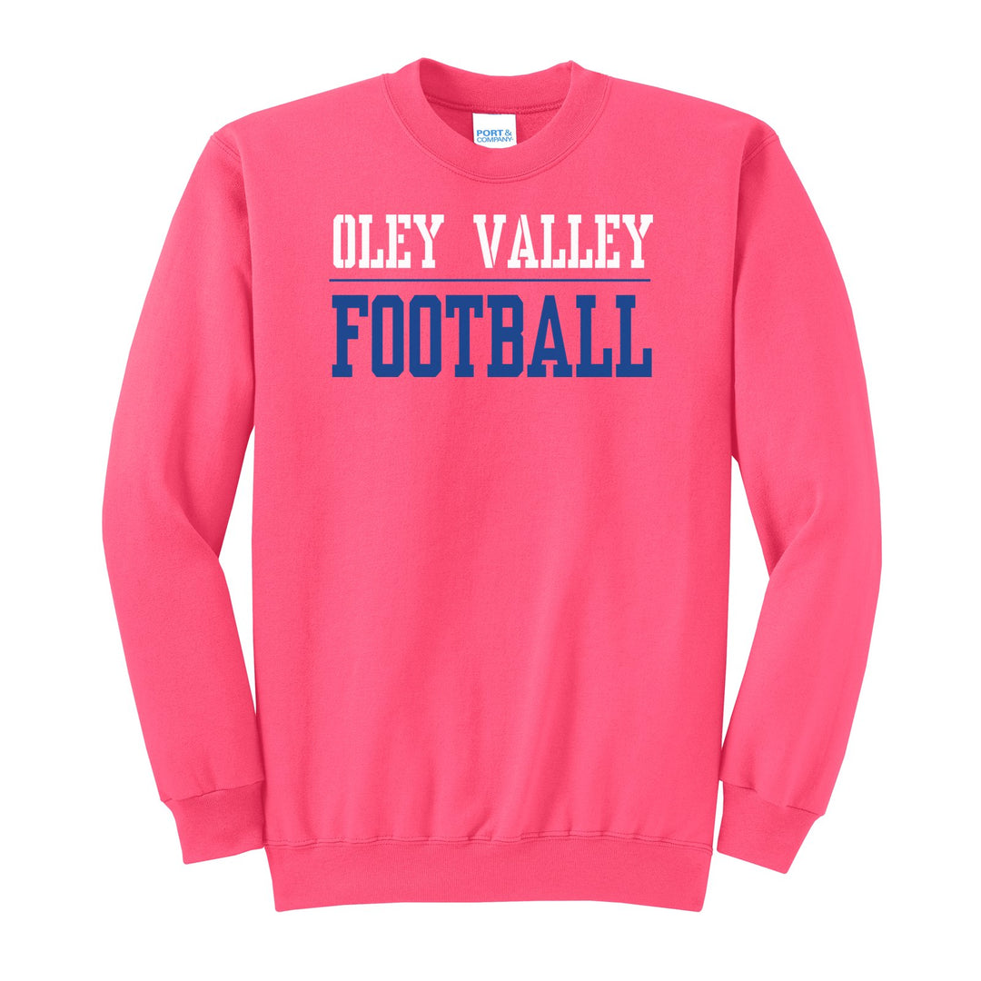 Oley Valley Lynx Football crewneck sweatshirt in Neon Pink: OLEY VALLEY over a thin rule and FOOTBALL in block letters