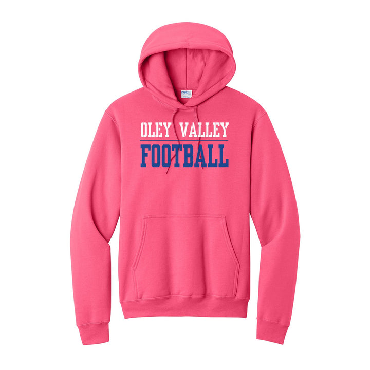 Oley Valley Lynx Football hoodie in Neon Pink: OLEY VALLEY over a thin rule and FOOTBALL in block letters