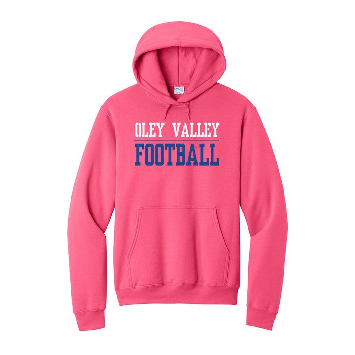 Oley Valley Lynx Sport or Activity hoodie in Neon Pink: OLEY VALLEY over a thin rule and FOOTBALL (your sport or activity) in block letters
