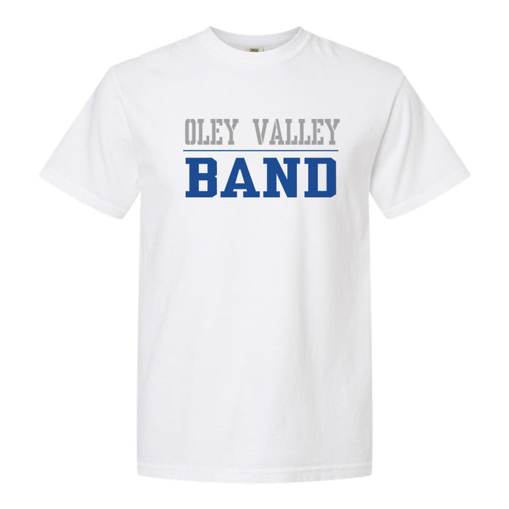 Oley Valley Lynx Sport or Activity comfort colors t-shirt in White: OLEY VALLEY over a thin rule and BAND (your sport or activity) in block letters