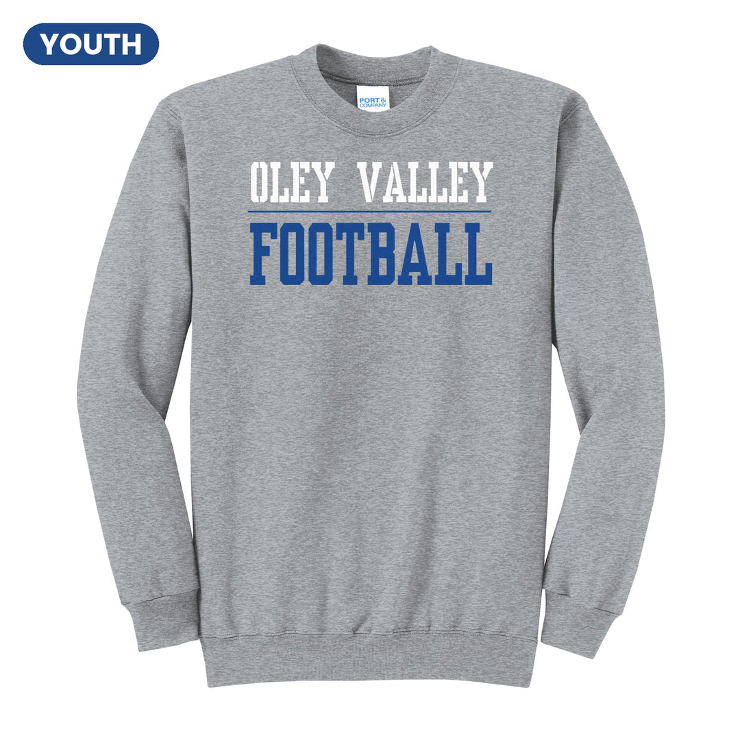 Oley Valley Lynx Football youth crewneck sweatshirt in Athletic Heather: OLEY VALLEY over a thin rule and FOOTBALL in block letters