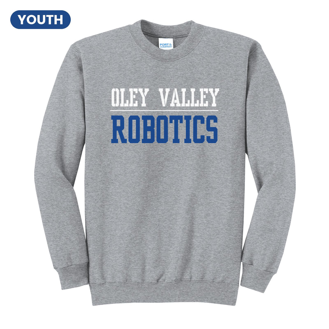 Oley Valley Lynx Sport or Activity youth crewneck sweatshirt in Athletic Heather: OLEY VALLEY over a thin rule and ROBOTICS (your sport or activity) in block letters