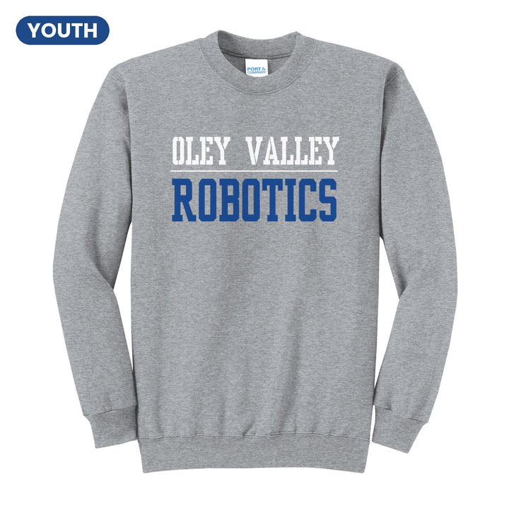 Oley Valley Lynx Sport or Activity youth crewneck sweatshirt in Athletic Heather: OLEY VALLEY over a thin rule and ROBOTICS (your sport or activity) in block letters