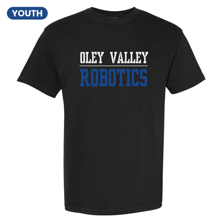 Oley Valley Lynx Sport or Activity youth comfort colors t-shirt in Black: OLEY VALLEY over a thin rule and ROBOTICS (your sport or activity) in block letters