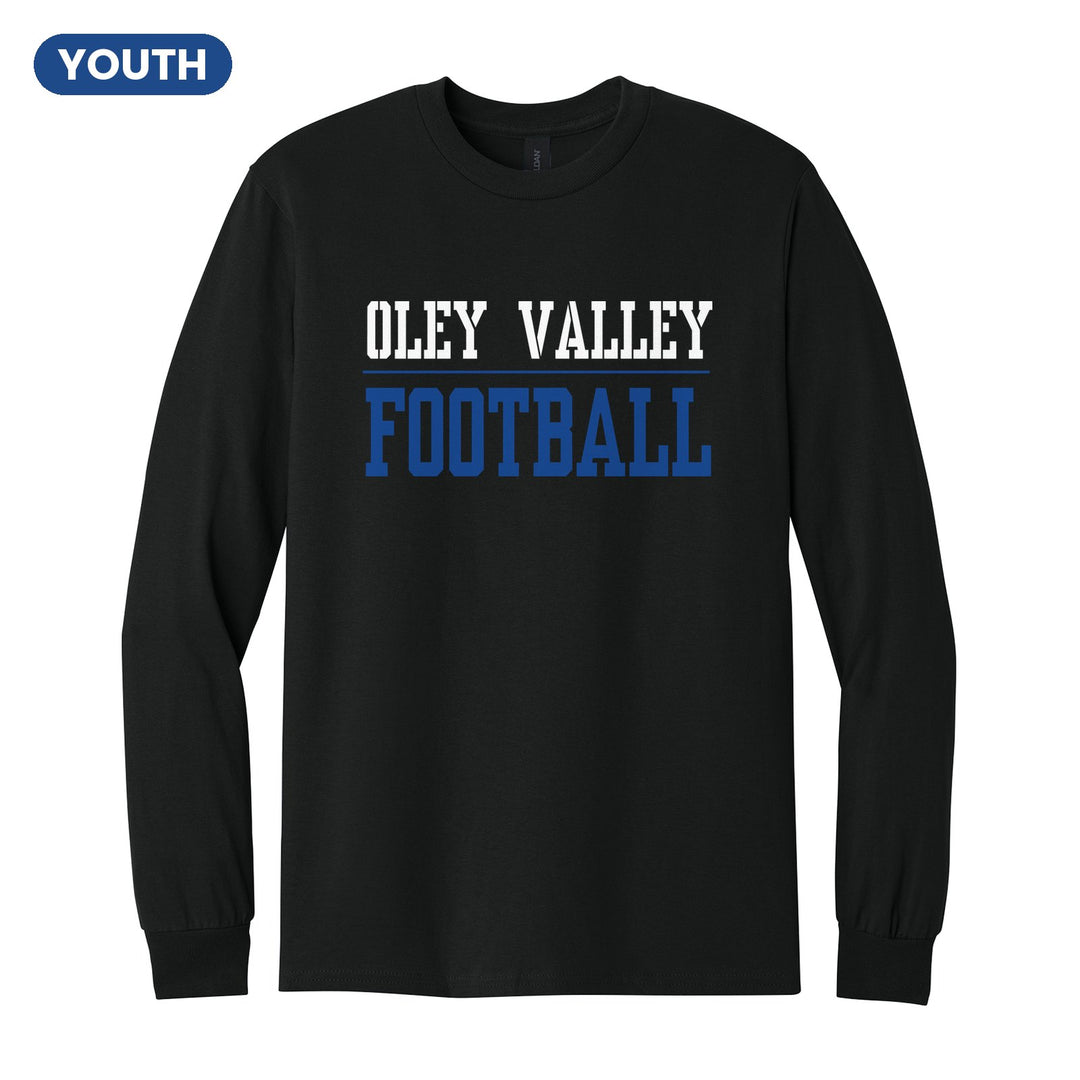 Oley Valley Lynx Sport or Activity youth long sleeve t-shirt in Black: OLEY VALLEY over a thin rule and FOOTBALL (your sport or activity) in block letters
