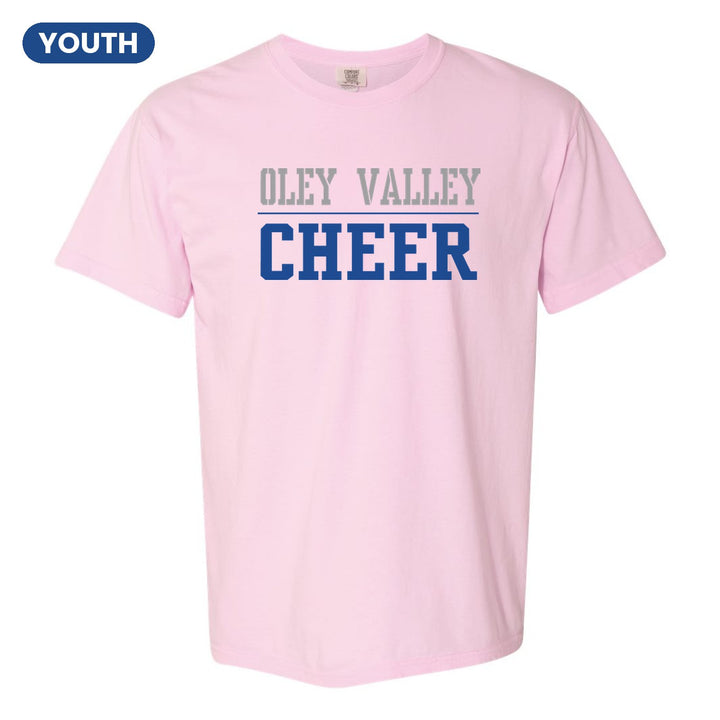 Oley Valley Lynx Sport or Activity youth comfort colors t-shirt in Blossom: OLEY VALLEY over a thin rule and CHEER (your sport or activity) in block letters