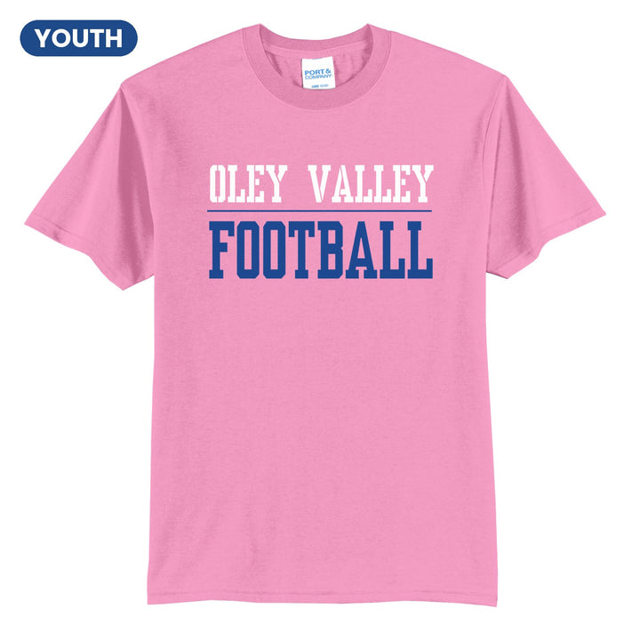 Oley Valley Lynx Football youth t-shirt in Candy Pink: OLEY VALLEY over a thin rule and FOOTBALL in block letters
