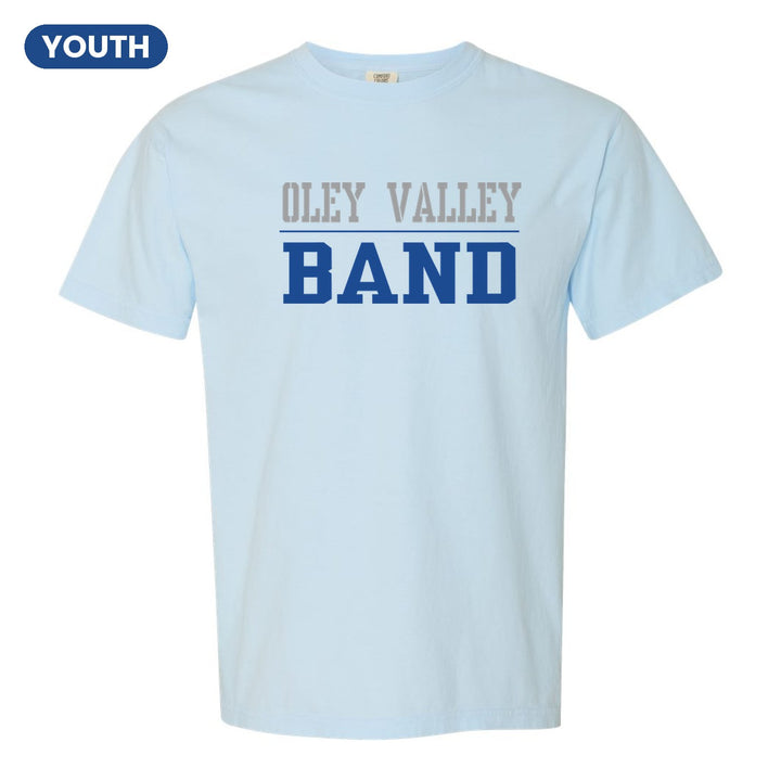 Oley Valley Lynx Sport or Activity youth comfort colors t-shirt in Chambray: OLEY VALLEY over a thin rule and BAND (your sport or activity) in block letters