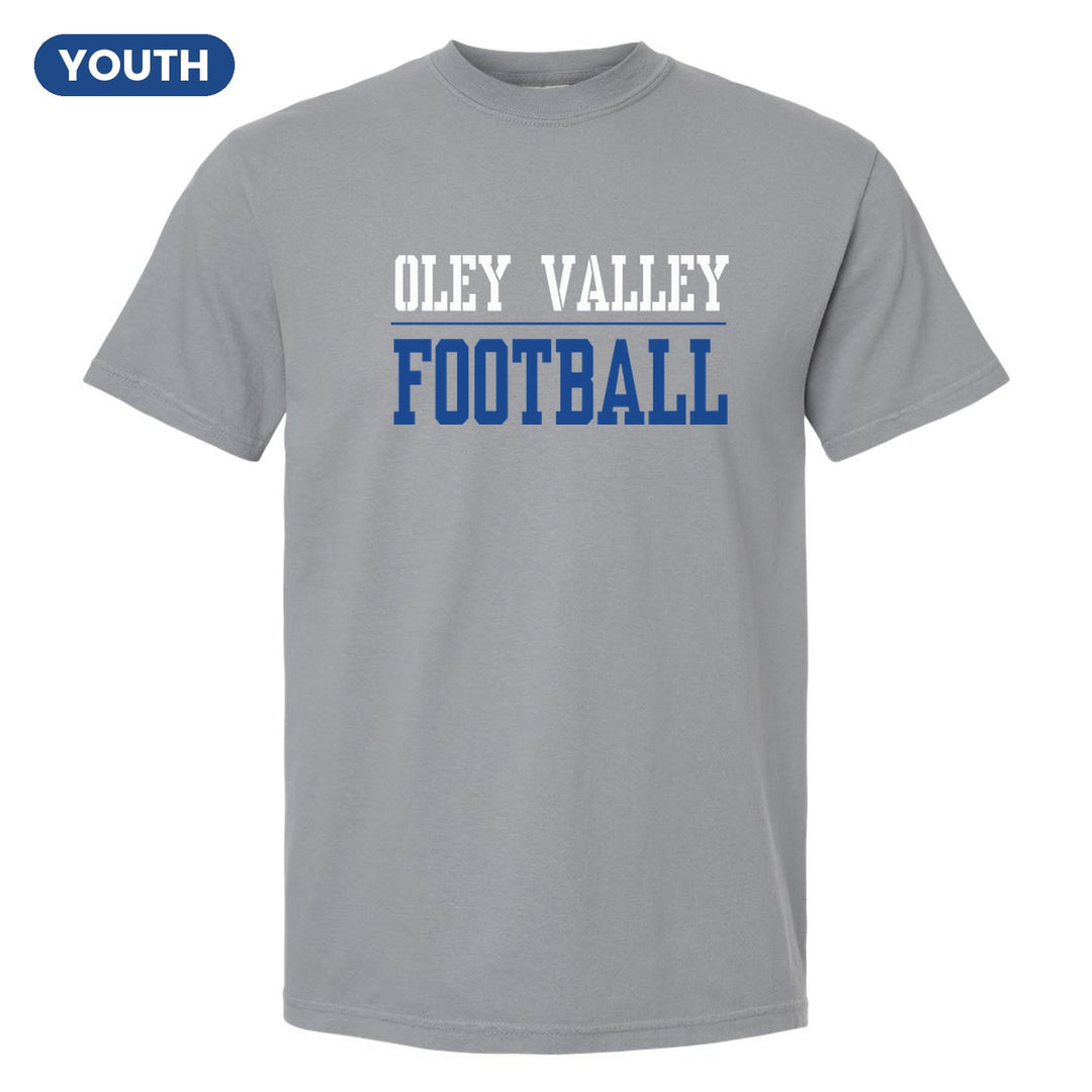 Oley Valley Lynx Sport or Activity youth comfort colors t-shirt in Granite: OLEY VALLEY over a thin rule and FOOTBALL (your sport or activity) in block letters