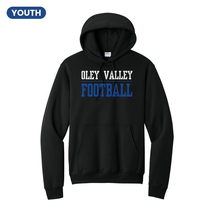 Oley Valley Lynx Football youth hoodie in Jet Black: OLEY VALLEY over a thin rule and FOOTBALL in block letters