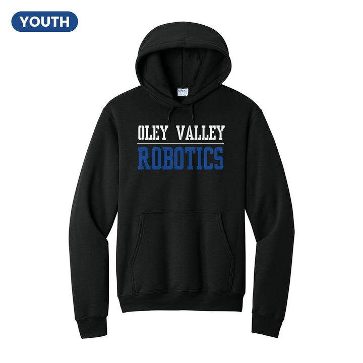 Oley Valley Lynx Sport or Activity youth hoodie in Jet Black: OLEY VALLEY over a thin rule and ROBOTICS (your sport or activity) in block letters