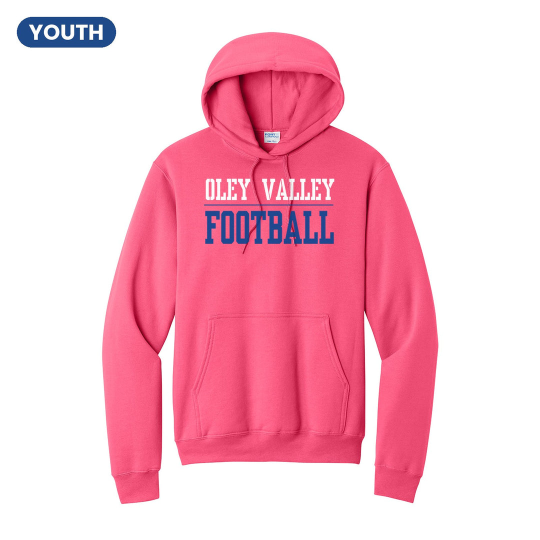 Oley Valley Lynx Football youth hoodie in Neon Pink: OLEY VALLEY over a thin rule and FOOTBALL in block letters