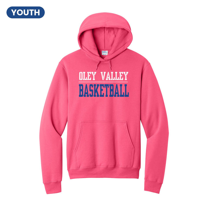 Oley Valley Lynx Sport or Activity youth hoodie in Neon Pink: OLEY VALLEY over a thin rule and BASKETBALL (your sport or activity) in block letters