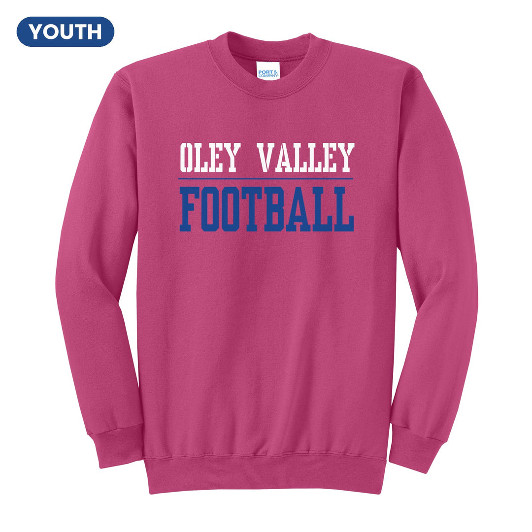 Oley Valley Lynx Sport or Activity youth crewneck sweatshirt in Sangria: OLEY VALLEY over a thin rule and FOOTBALL (your sport or activity) in block letters