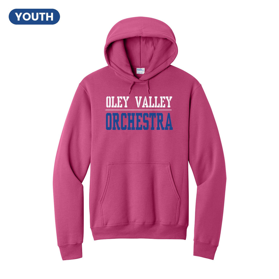 Oley Valley Lynx Sport or Activity youth hoodie in Sangria: OLEY VALLEY over a thin rule and ORCHESTRA (your sport or activity) in block letters