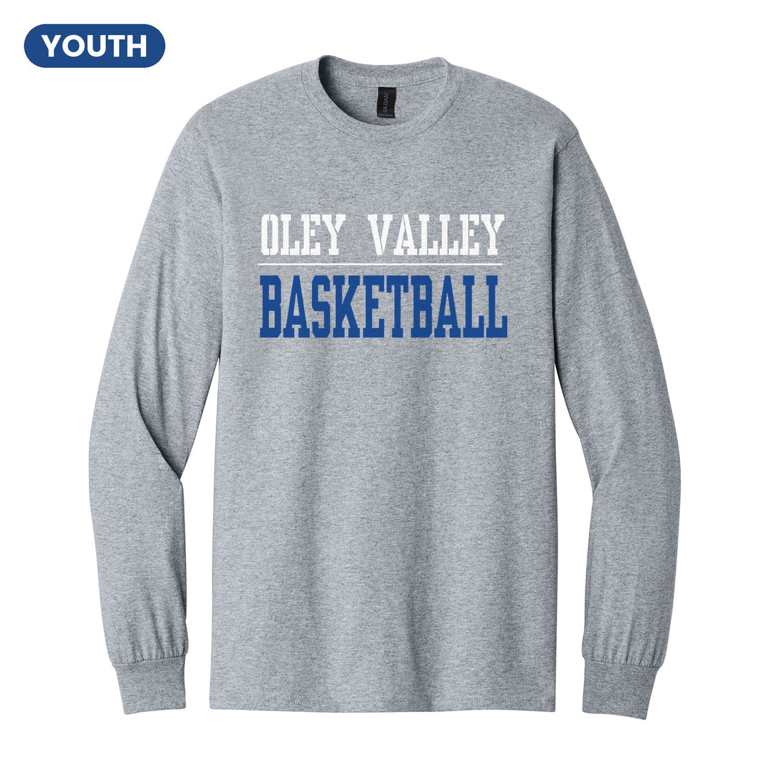 Oley Valley Lynx Sport or Activity youth long sleeve t-shirt in Sport Grey: OLEY VALLEY over a thin rule and BASKETBALL (your sport or activity) in block letters
