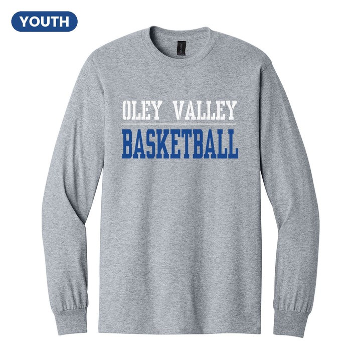 Oley Valley Lynx Sport or Activity youth long sleeve t-shirt in Sport Grey: OLEY VALLEY over a thin rule and BASKETBALL (your sport or activity) in block letters