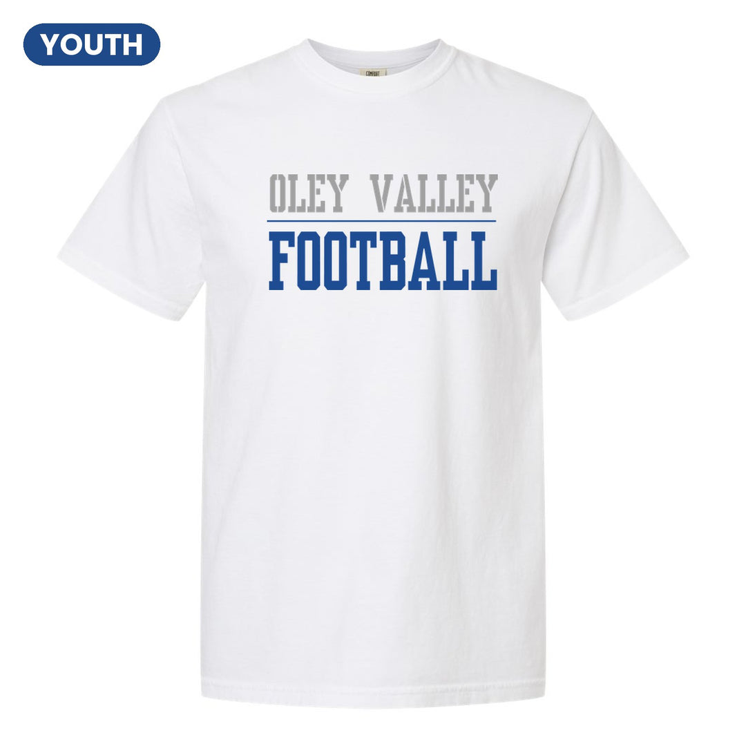 Oley Valley Lynx Sport or Activity youth comfort colors t-shirt in White: OLEY VALLEY over a thin rule and FOOTBALL (your sport or activity) in block letters