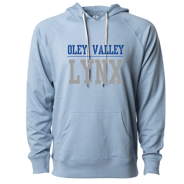 Misty blue Oley Valley Lynx hoodie with royal OLEY VALLEY over grey LYNX block lettering