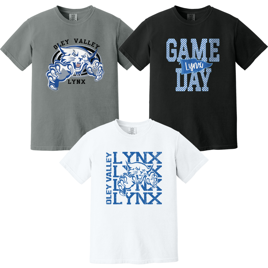 Oley Valley Lynx Comfort Colors tees in grey, white and black showing three of the fifteen designs