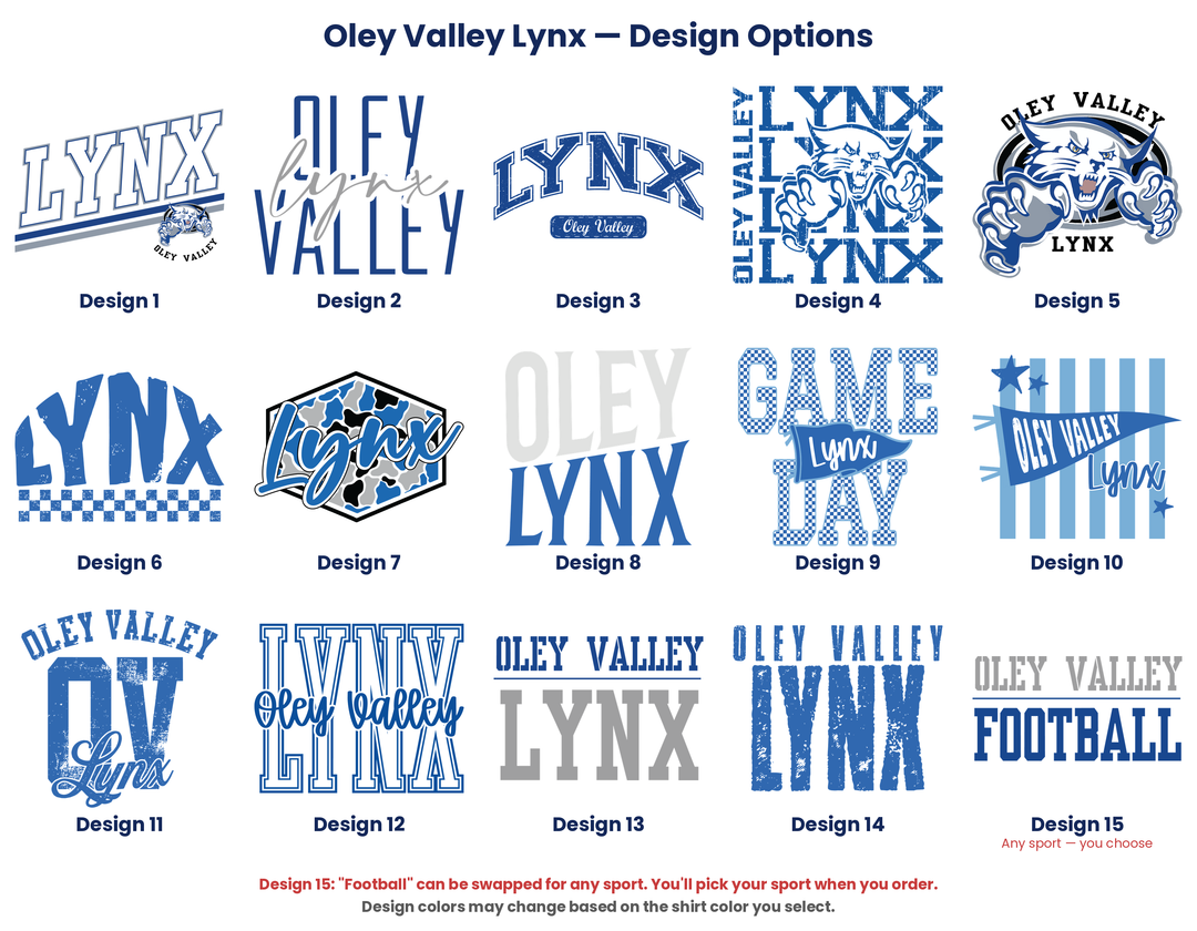 Oley Valley Lynx design chart showing all fifteen design options, numbered 1 to 15