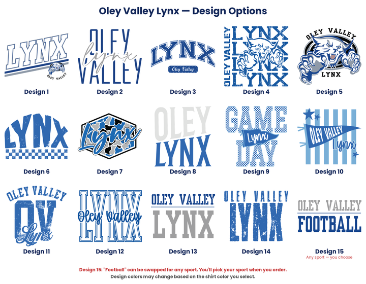 Oley Valley Lynx design chart showing all fifteen design options, numbered 1 to 15