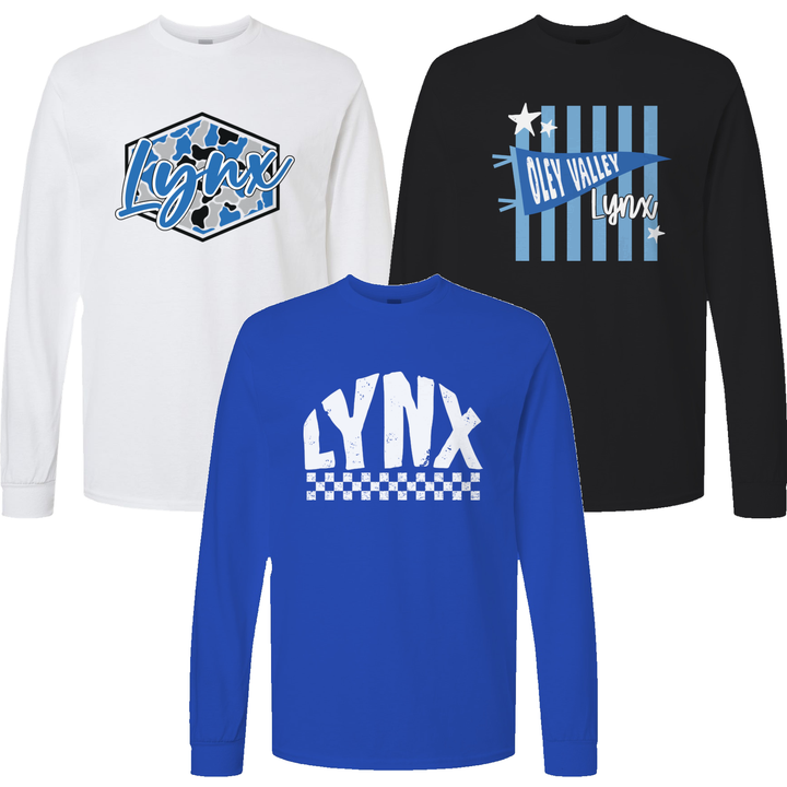 Oley Valley Lynx long sleeve tees in white, royal and black showing three of the fifteen designs
