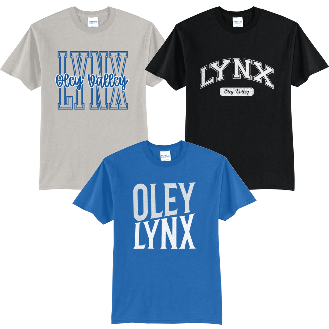 Oley Valley Lynx tees in silver, royal and black showing three of the fifteen designs