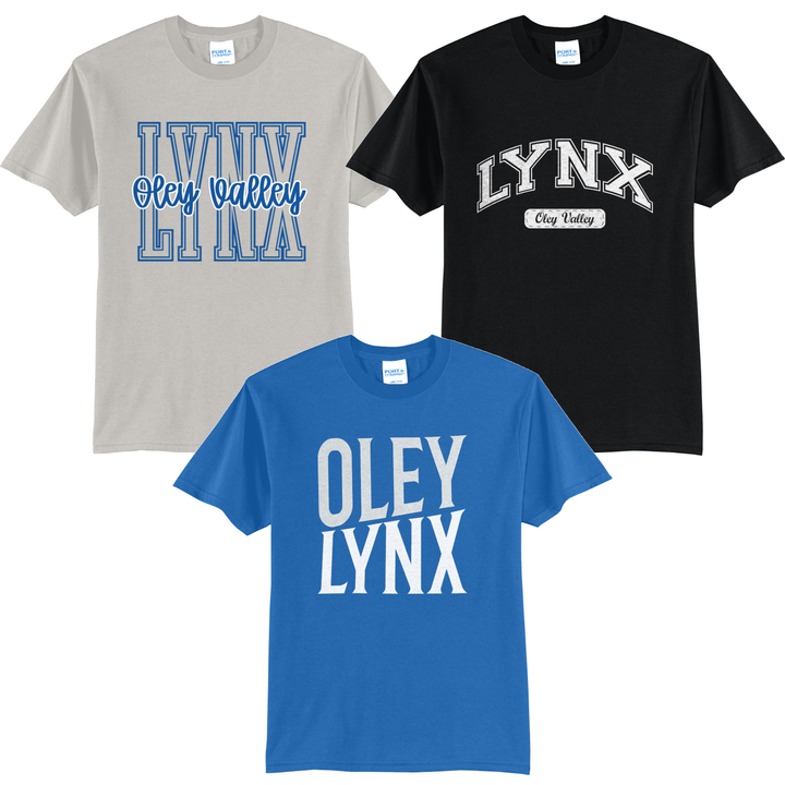 Oley Valley Lynx tees in silver, royal and black showing three of the fifteen designs