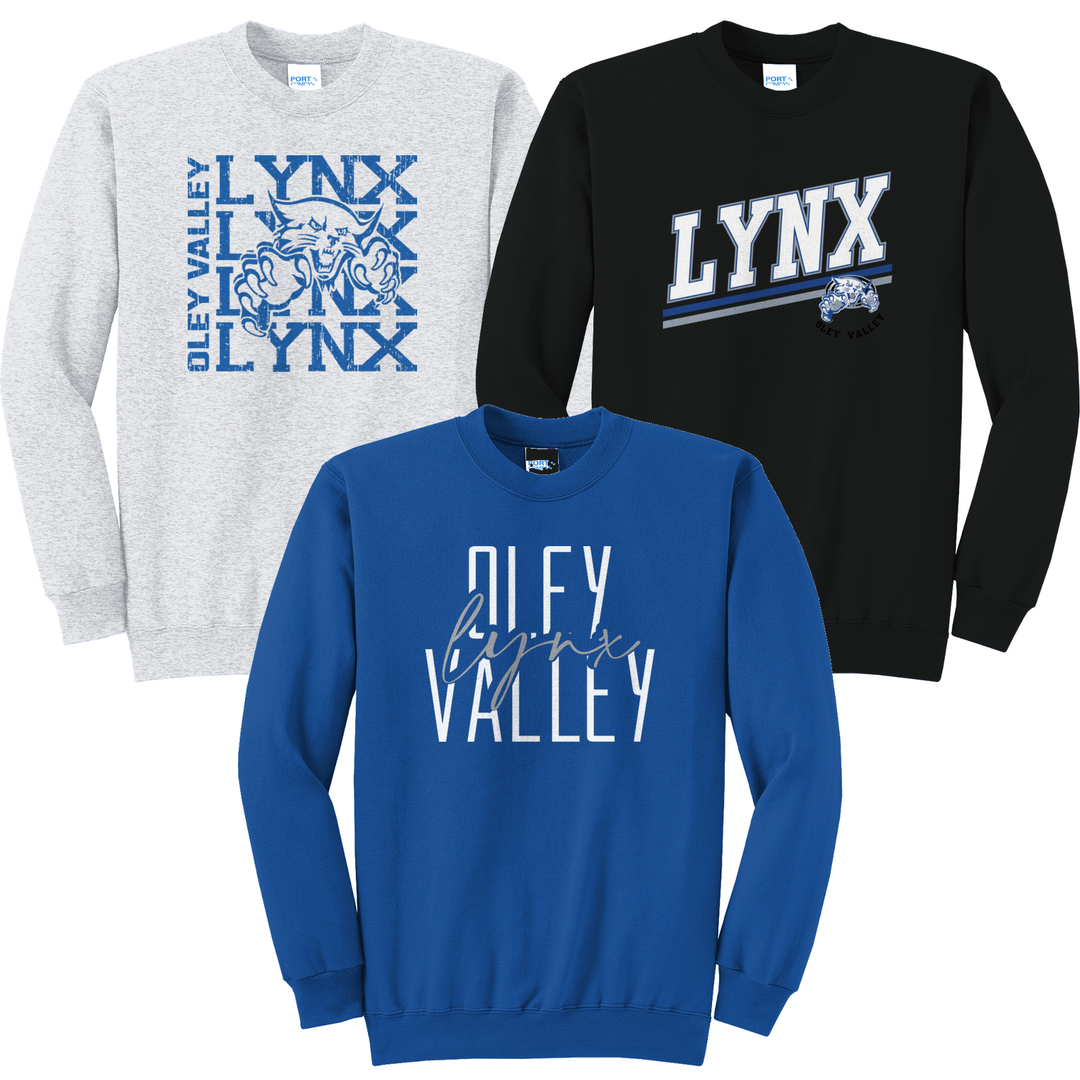 Oley Valley Lynx crewneck sweatshirts in ash, royal and black showing three of the fifteen designs