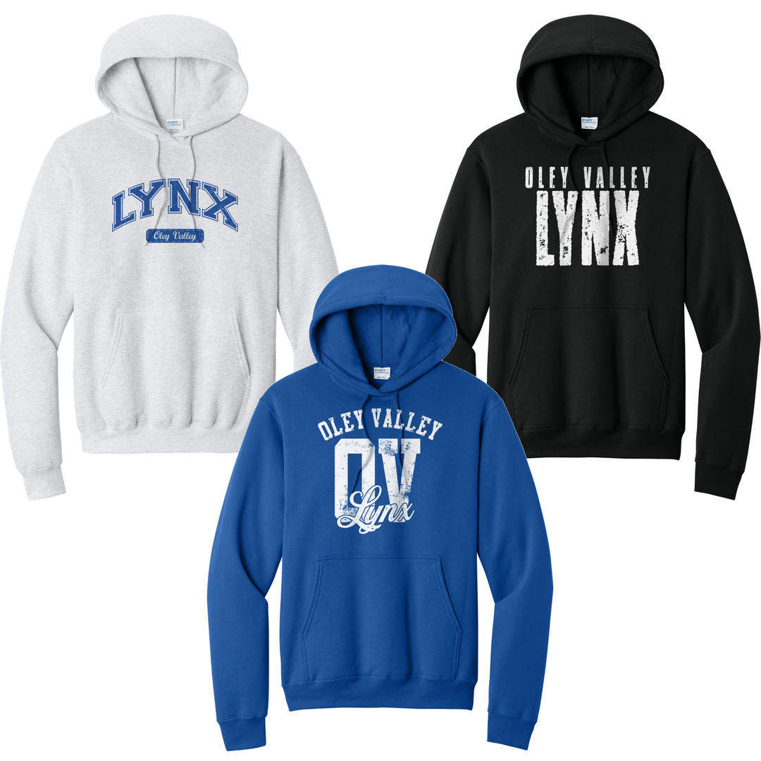 Oley Valley Lynx hoodies in ash, royal and black showing three of the fifteen designs