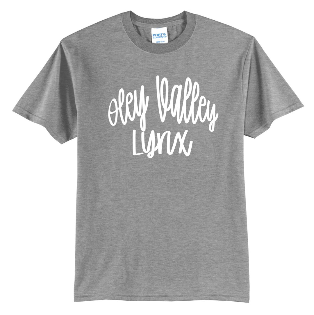 Oley Valley Lynx hand-lettered script spirit tee in athletic heather grey with white script print