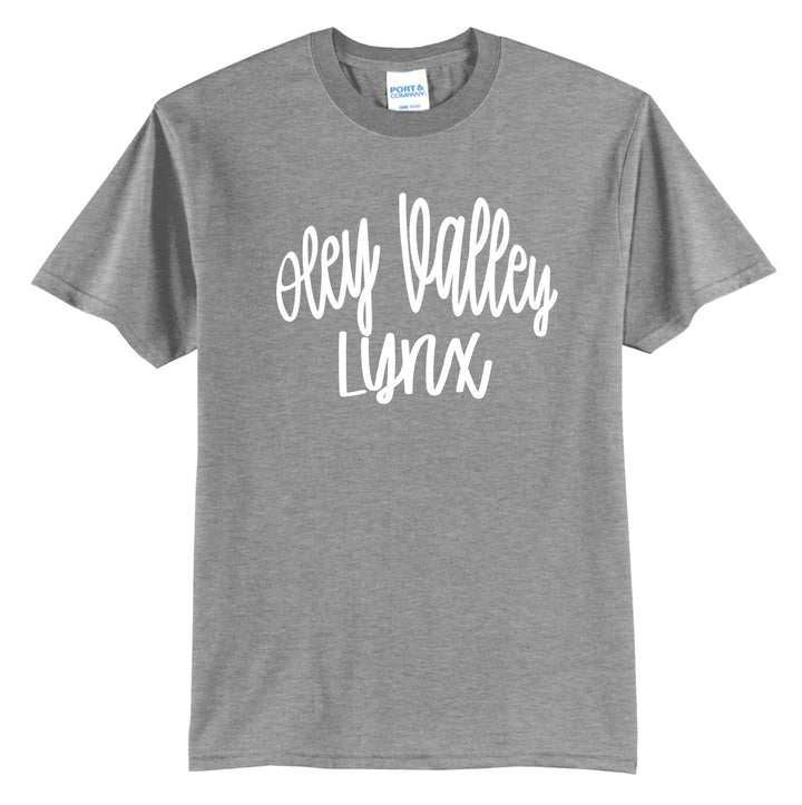 Example: athletic heather tee with white hand-lettered script