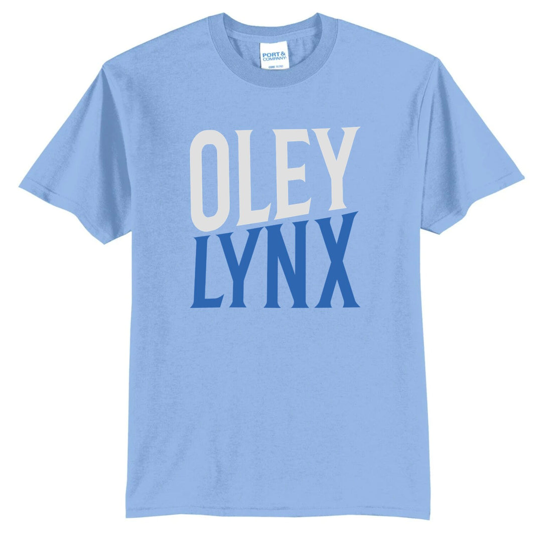 Example: light blue tee with white and royal blue two-tone block lettering
