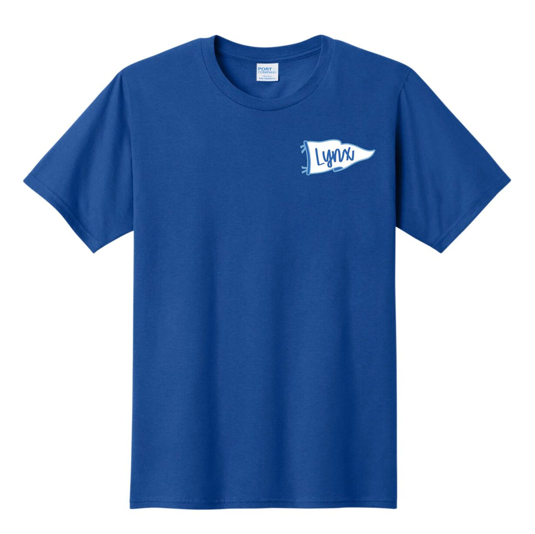 Example: royal blue tee with a white left-chest pennant