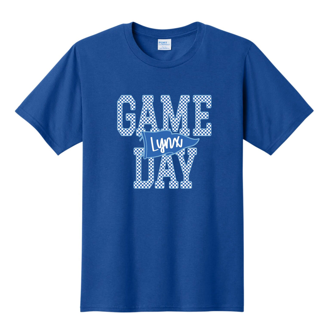 Example: royal blue tee with checkered GAME DAY and a blue pennant