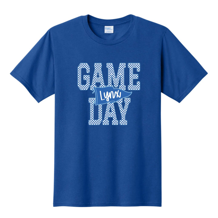 Example: royal blue tee with checkered GAME DAY and a blue pennant