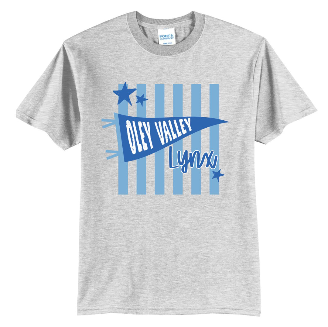 Oley Valley Lynx pennant stripes spirit tee in ash grey with light blue stripes, stars, and a royal Oley Valley pennant