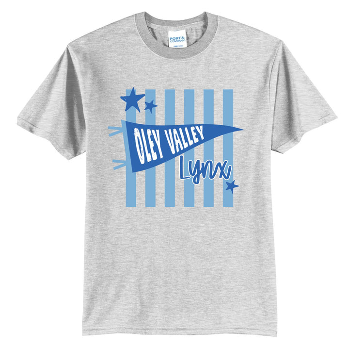 Example: ash grey tee with light blue stripes, stars, and a royal pennant