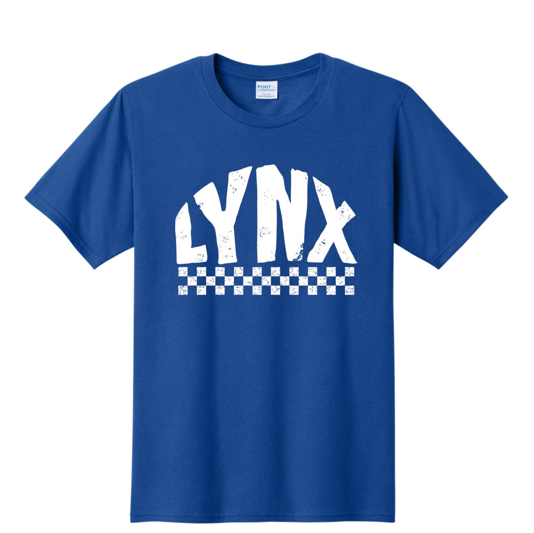 Oley Valley Lynx checkered retro spirit tee in royal blue with white distressed LYNX print