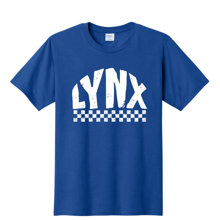 Example: royal blue tee with white distressed mascot and checkered stripe