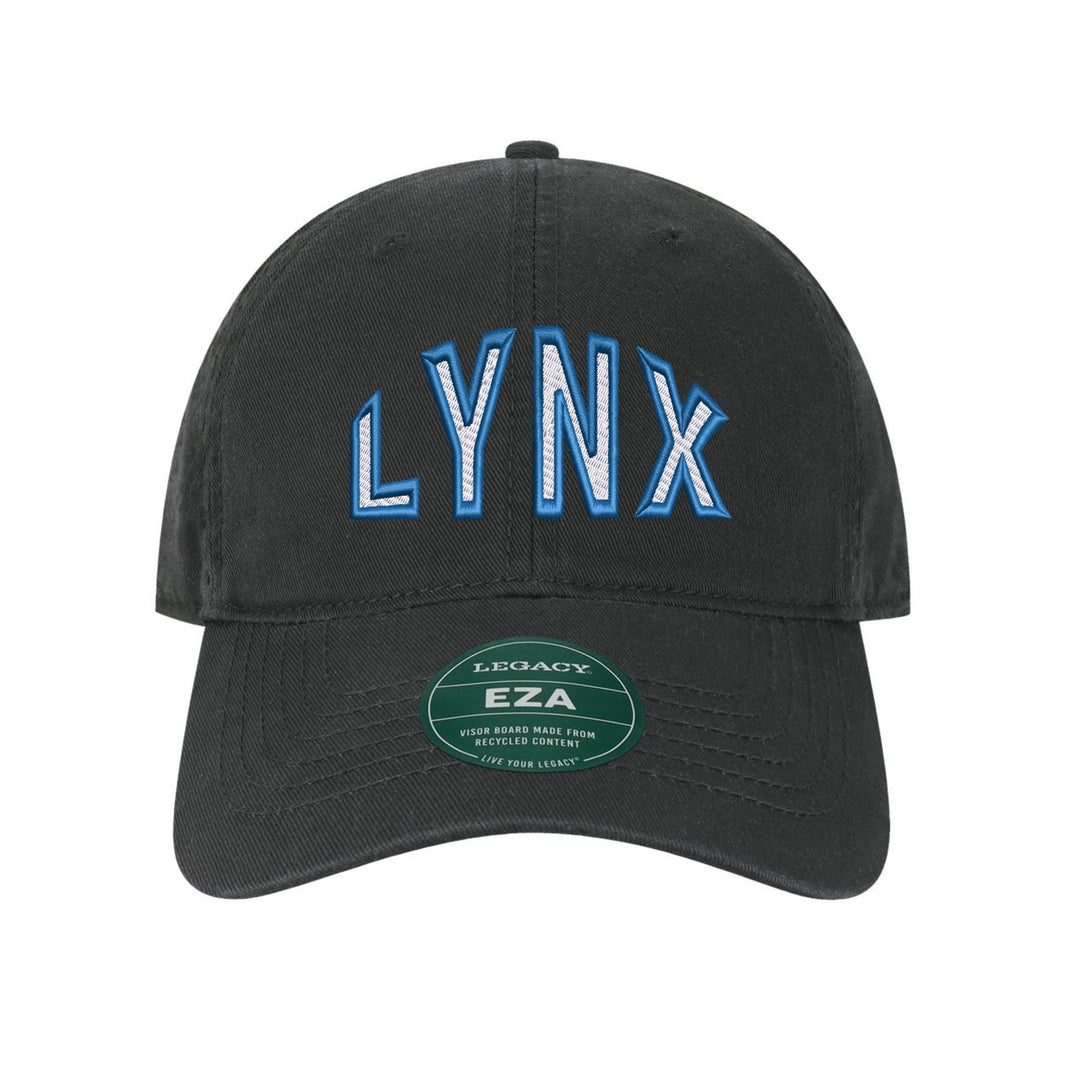 Oley Valley Lynx Mascot Arch embroidered dad cap, white and royal blue stitching on a black cap