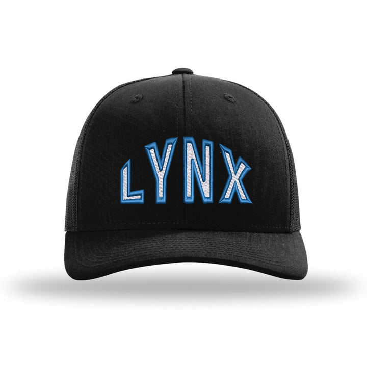 Oley Valley Lynx Mascot Arch embroidered trucker hat, white and royal blue stitching on a black hat