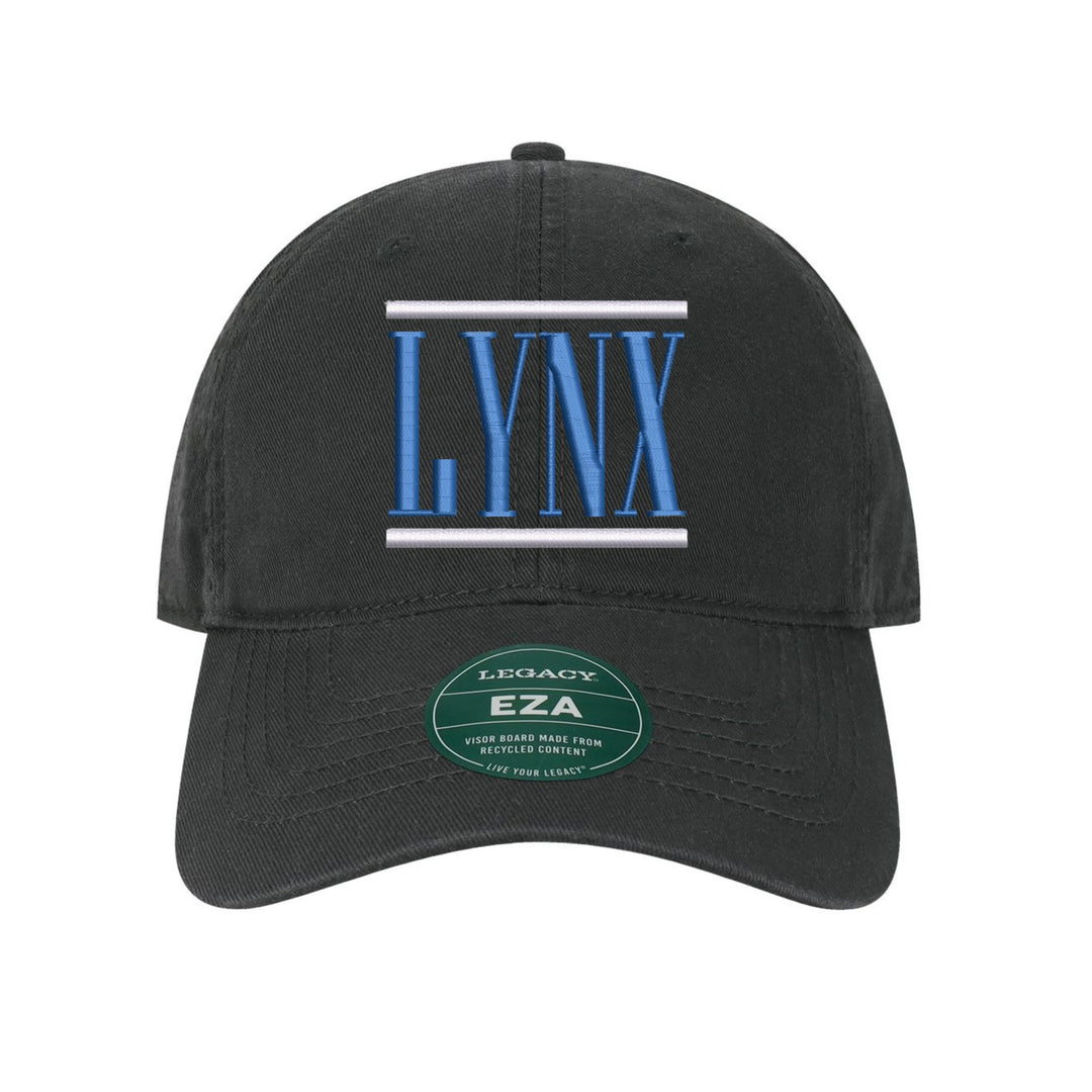 Oley Valley Lynx Varsity Bars embroidered dad cap, white and royal blue stitching on a black cap