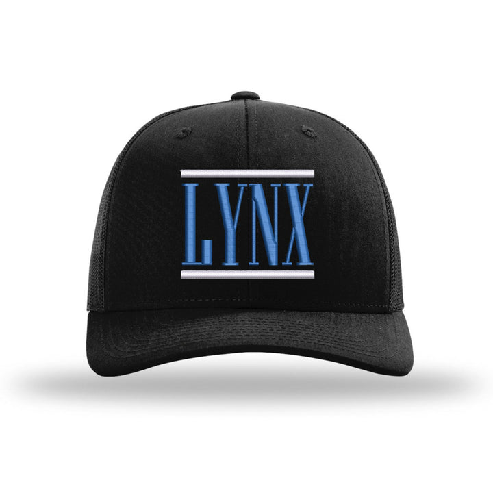 Oley Valley Lynx Varsity Bars embroidered trucker hat, white and royal blue stitching on a black hat