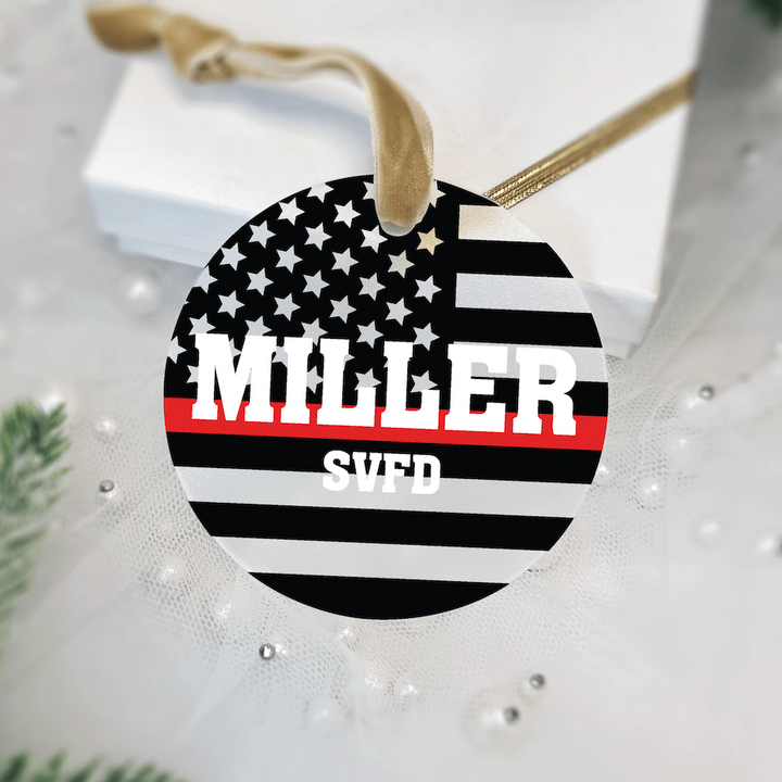 Personalized Firefighter Acrylic Ornament – Thin Red Line Flag